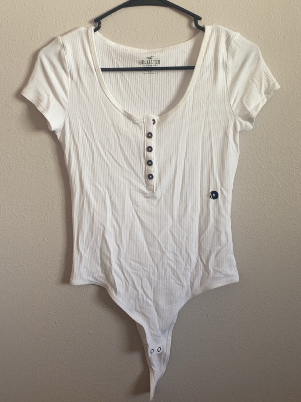 Hollister White Ribbed Henley Snap-Front Bodysuit